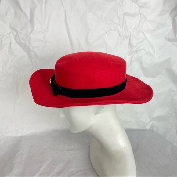 Vintage Red Bolero Hat 100% Wool Felt Black Ribbon and Coin - Picture 2 of 10